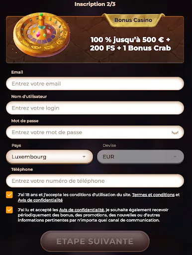 Inscription 2/3 – Bonus Casino – AmunRa Formulaire d’inscription étape 2/3 avec bonus casino sélectionné
