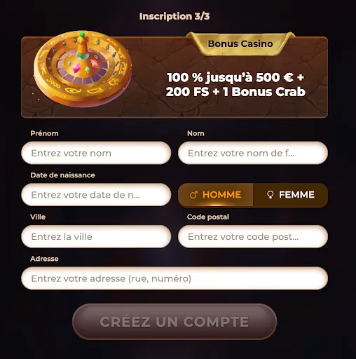 Inscription AmunRa – Bonus Casino final Formulaire d’inscription étape 3 sur 3 avec offre de bienvenue Casino (100 % jusqu’à 500 € + 200 FS + 1 Bonus Crab)