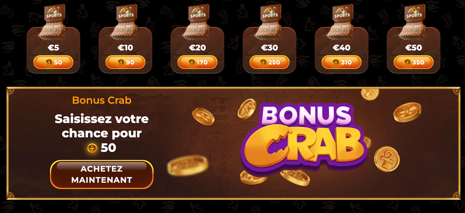 Table des achats de paris gratuits €5–€50 et section Bonus Crab avec option 