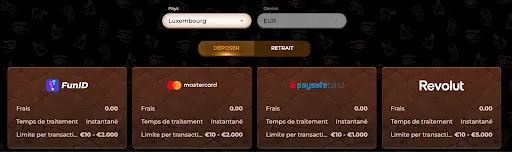 Logos of FunID, Mastercard, Paysafecard and Revolut payment options on AmunRa's deposit page, each showing 